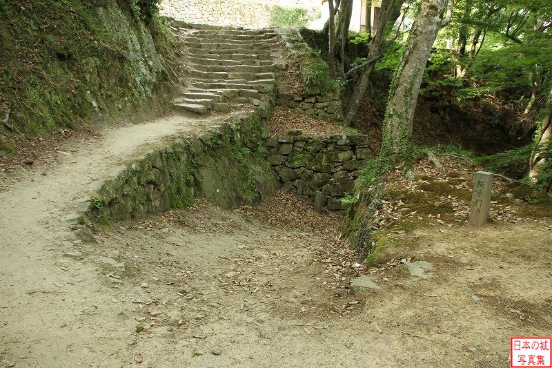 備中松山城 搦手門跡 搦手門跡を見下ろす。中央の下る坂が搦手門跡