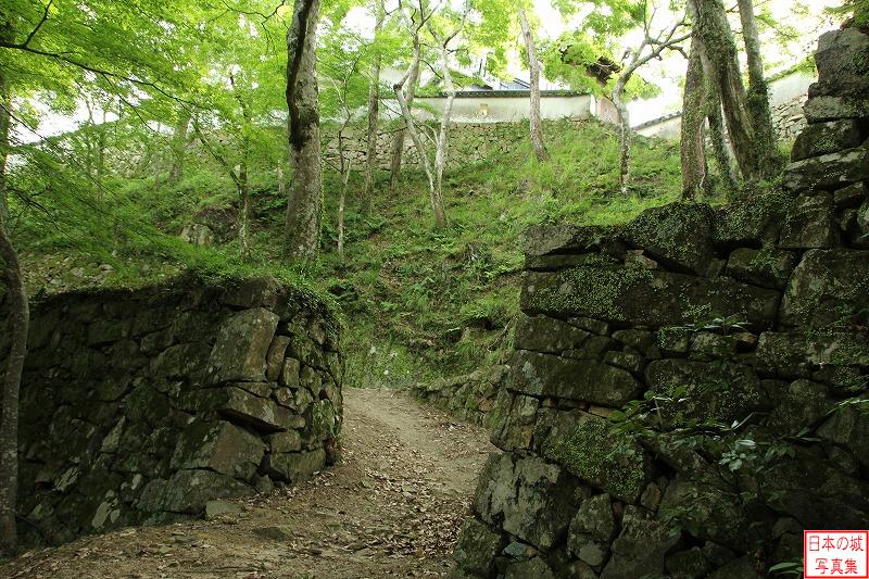 備中松山城 搦手門跡 搦手門跡を城外側から見る。通路の両側を石垣が狭める。往時はここに門があったのだろう