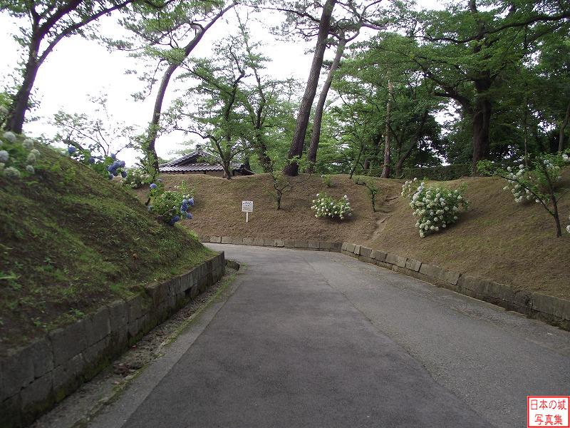 久保田城 黒門跡 黒門跡を右に直角に曲がったところ。さらに左に直角に折れる。
