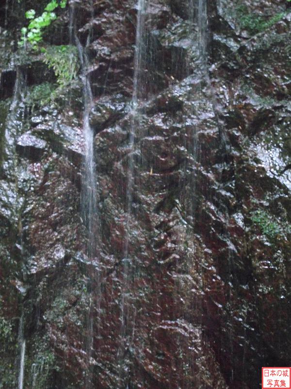 浦城 叢雲の滝 城のある高岳山は仏教の聖地とされ、滝の岩盤には不動明王の梵字が刻み込まれている。
