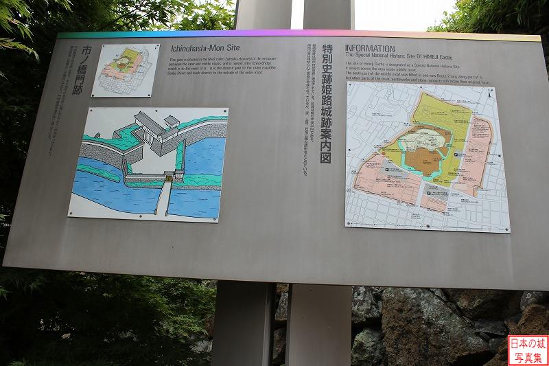 姫路城 市ノ橋門跡（外郭） かつての市ノ橋門のイラスト。中曲輪西側の門で、城の西側を流れる船場川に接する。方形の枡形門ではなく、変わった形をしていた。