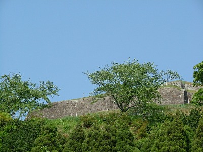 佐敷城 山腹 山腹から見る山頂の佐敷城石垣
