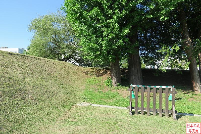 水戸城 北柵御門土塁 北柵御門の土塁。左手の手前に伸びる土塁は復元、木の奥の土塁は往時のものが現存している。