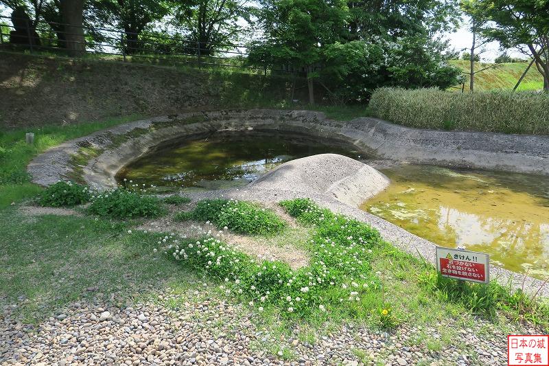 小田城 東池 往時は池底に石が敷かれていた。この池の存在は小田氏の高い家格を示す。