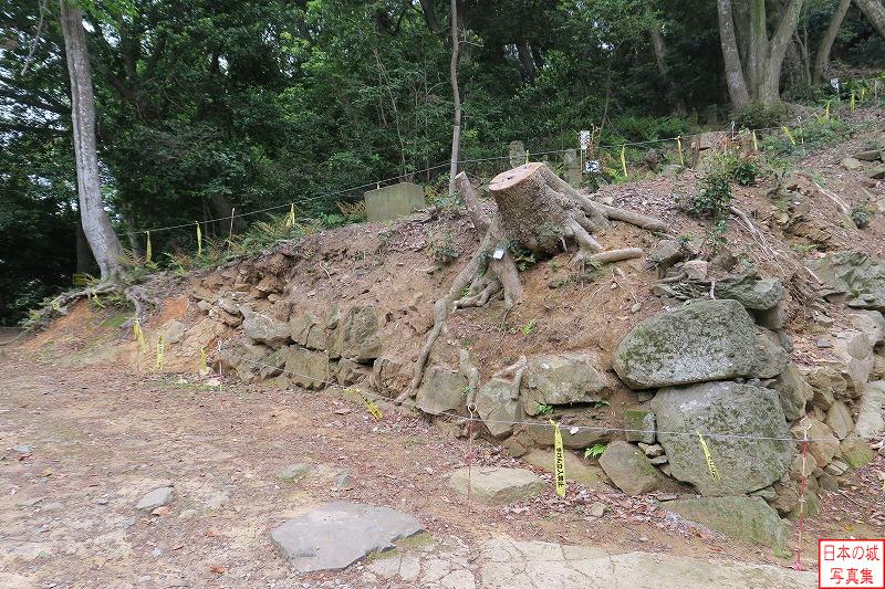 米子城 登り石垣 前の写真左手の石垣を逆側から見たところ。この石垣が右手に伸び登り石垣となっている。
