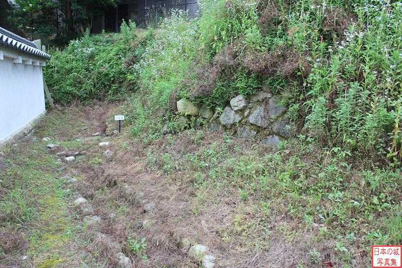 伊勢亀山城 二の丸北帯曲輪 帯曲輪の端部分。溝と石積みが見える