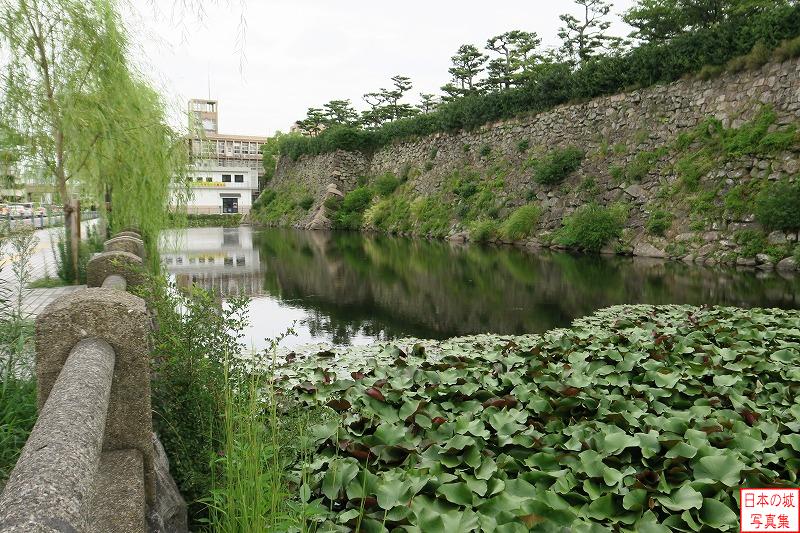 岸和田城 二の丸石垣と水堀 二の丸西側の石垣の張り出し。水堀に対し横矢を掛ける
