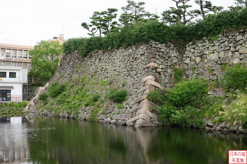 岸和田城 二の丸石垣と水堀 二の丸西側の石垣の張り出し。水堀に対し横矢を掛ける