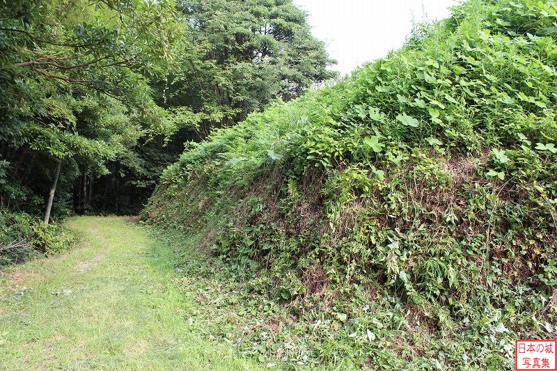月山富田城 花ノ壇 花ノ壇の側面。訪問が夏だったので草が茂っているので見えないが、最下部は石垣か。