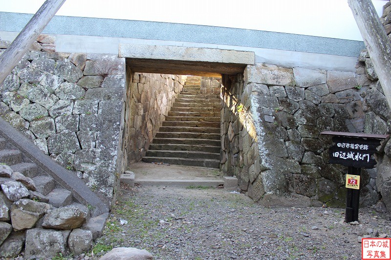 田辺城 水門 田辺城水門。現在は城跡の市街地化に伴い殆どの遺構が失われたが、埋門型の水門跡が残る。 