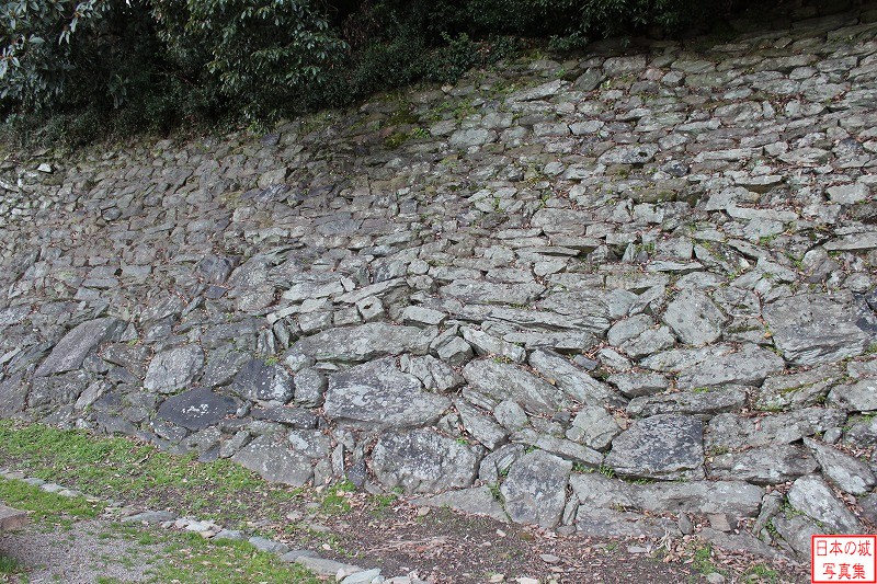 和歌山城 一中門跡 一中門跡を通り過ぎたあたりの石垣。和歌山県に多い緑泥片岩が使われている。