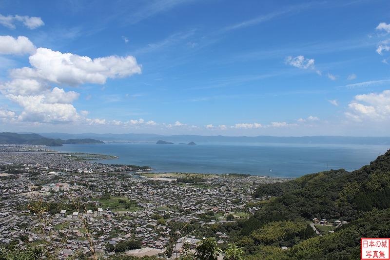 岩剣城 山頂 本丸からの眺め。非常に眺めが良い。見える海は鹿児島湾。