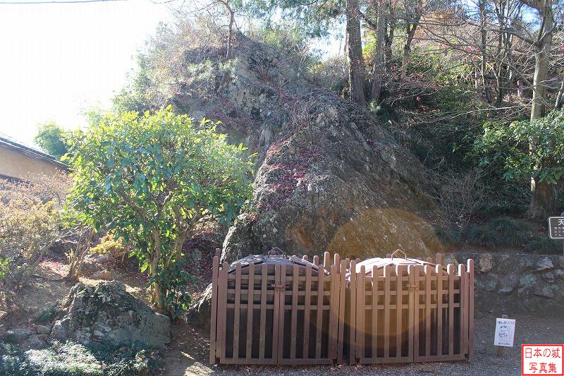 唐沢山城 枡形虎口 天狗岩。かつてここには物見櫓があった。岩の形が天狗の鼻のようであるので、この名が付けられた。