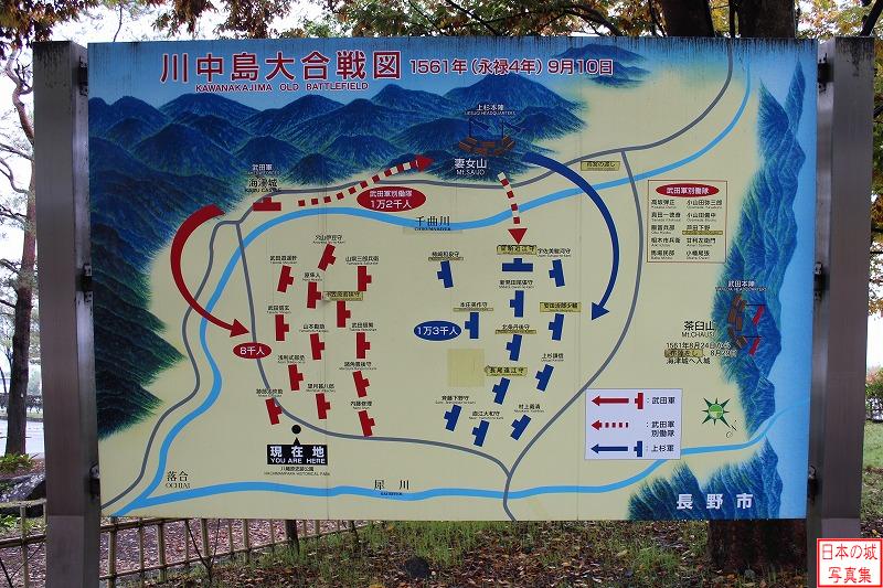 松代城 川中島古戦場 川中島大合戦図。川中島の戦いは5回に及んだが、永禄四年(1561)の4回目の戦いが最も激戦であった。