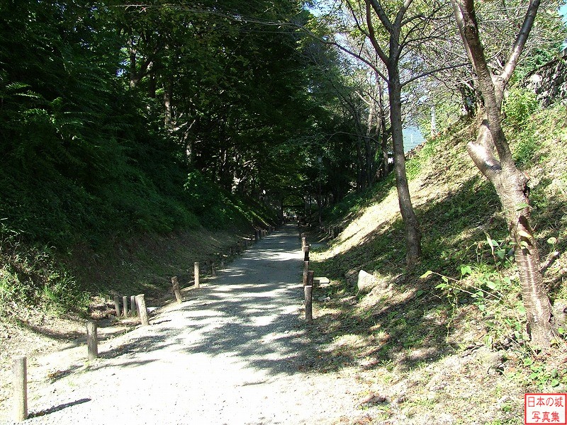 上田城 二の丸堀 二の丸堀。二の丸をかぎの手に囲んでいる。昭和3年5月には上田温電北東線が開通し、この地を電車が通っていたが、昭和47年2月に廃止され、現在に至る。