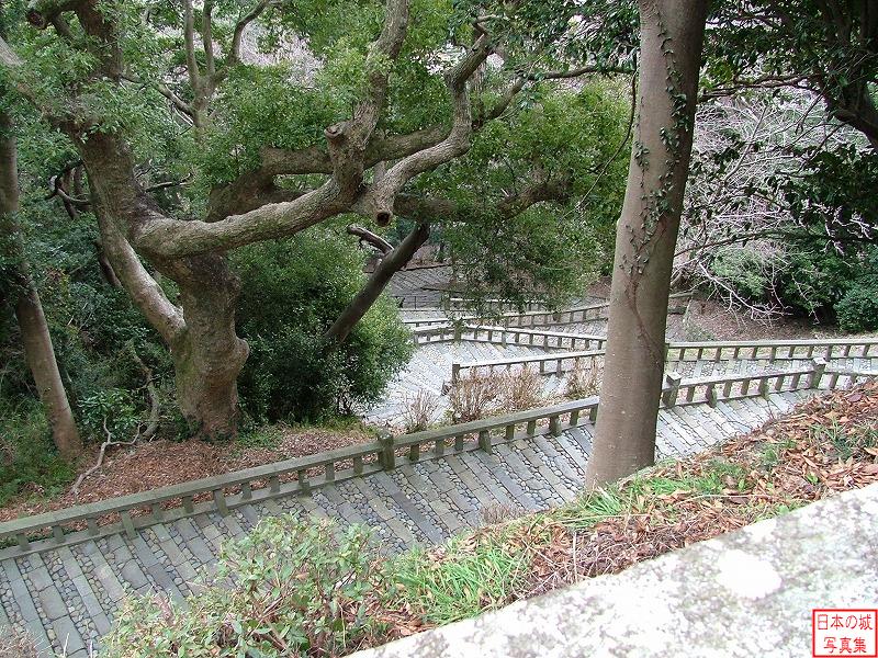 久能山城 表参道石段 つづら折の石段を上から覗き込む