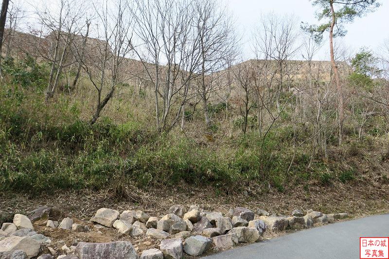 竹田城 城への道 城の石垣が見えてきた。道沿いには石が転がる
