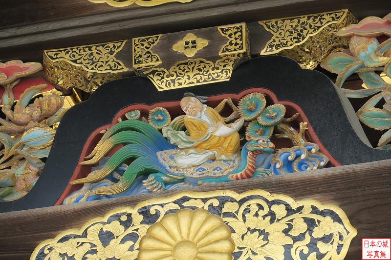 二条城 唐門（内側） 唐門の内側上部の装飾。黄色い衣をまとって亀に乗っているのは黄安仙人。