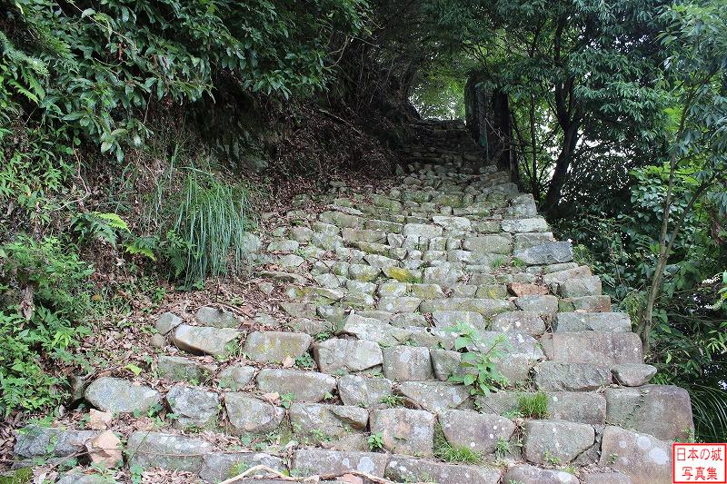 城へ登る石段。非常に急である。ここを登りきると尾崎丸。