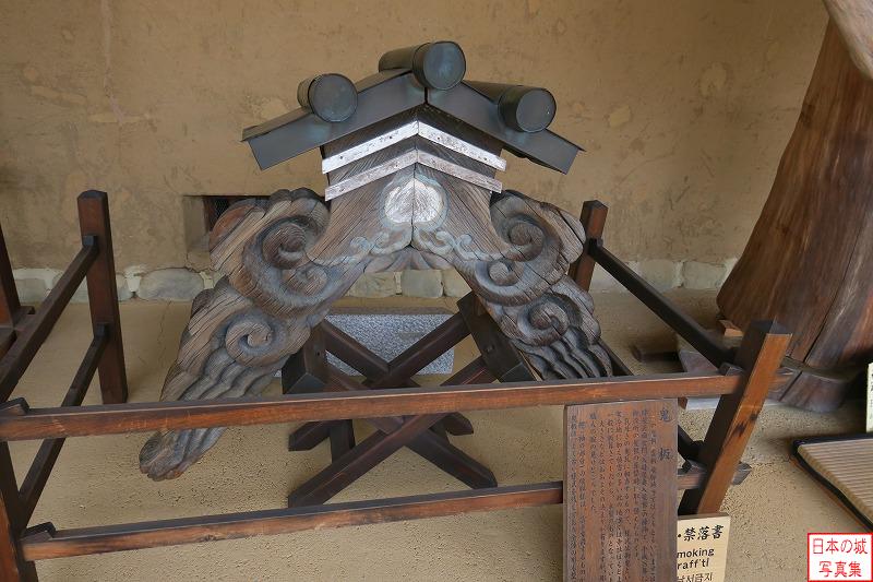 高山陣屋 御蔵 陣屋正面玄関の棟飾りの一部である鬼板が展示されている。鬼瓦に相当するもので、寒冷地である高山では板づくりであった。
