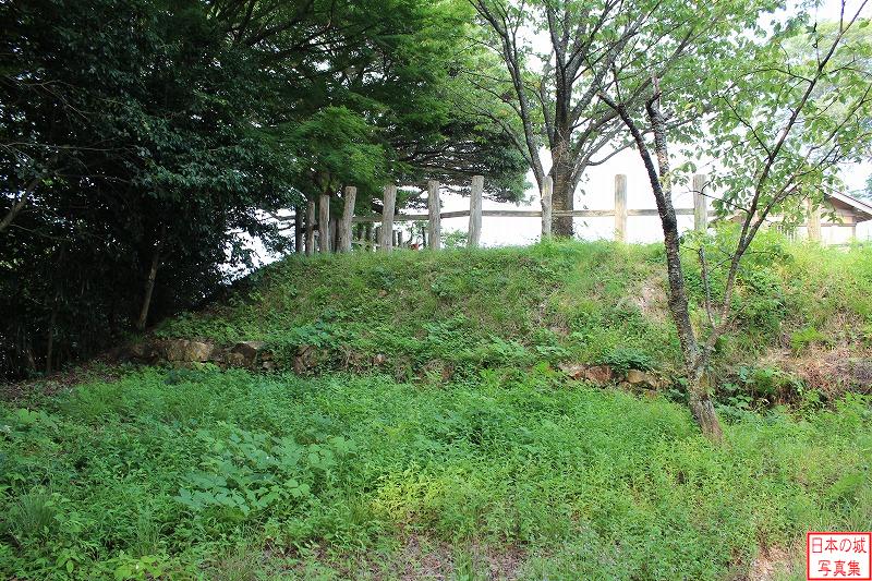 月山富田城 二の丸 二の丸と三の丸の間。土塁の最下部に低い石段が見える。
