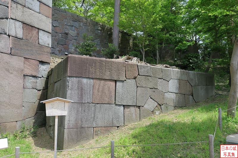 ここの石垣もユニーク。例えば中央付近に１つだけ斜めに積まれた正方形の石が見える。