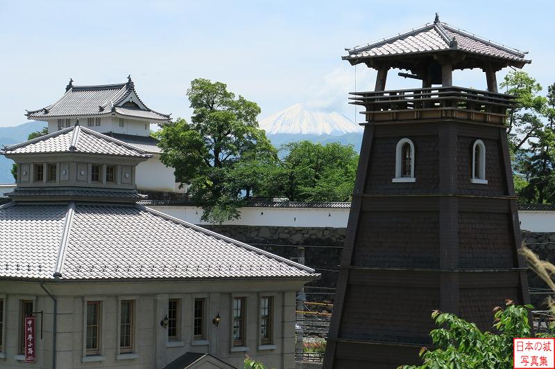 櫓門を通り抜けて見える景色。南方向を見ると、稲荷櫓や、遥か向こうに富士山が見える。