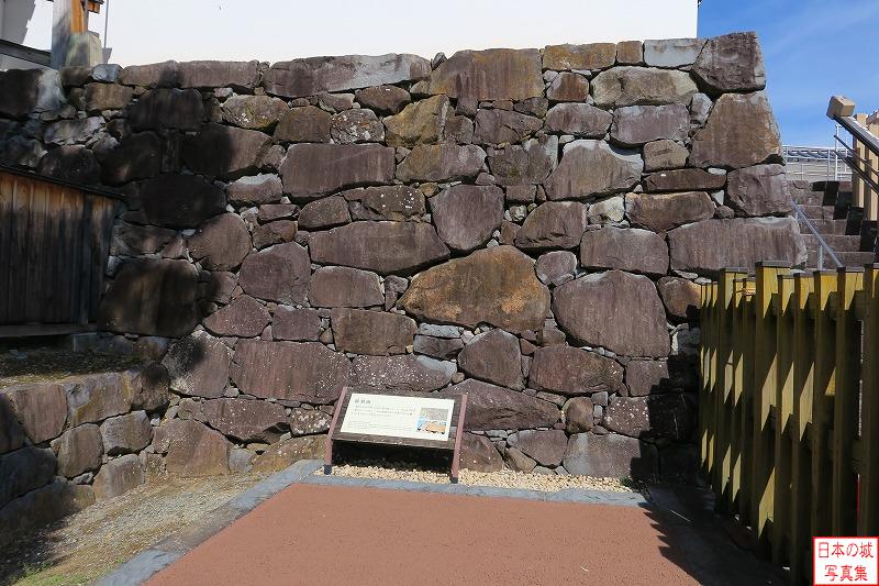 稲荷櫓下の石垣。線刻画と呼ばれる石垣の石に鳥や魚の絵、☆や井などの記号が彫られている。