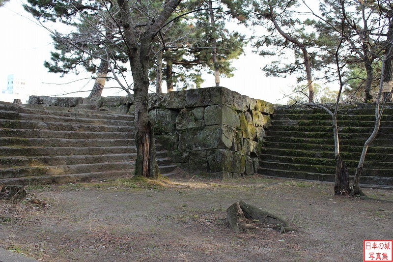 岡中門跡付近の東堀沿い石垣。櫓台と雁木石垣が見える。