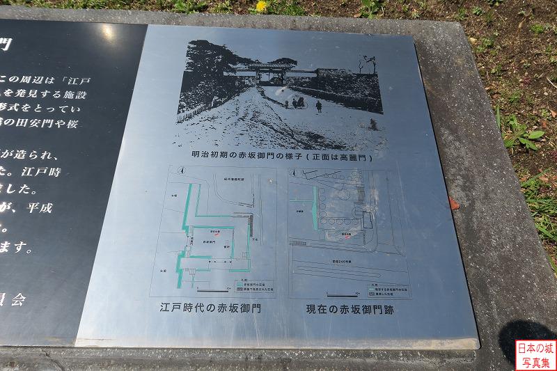 江戸城 赤坂見附 現地に設置されている看板。明治初期の赤坂御門のようすが分かる写真と、赤坂御門の変遷が分かる地図。この左には御門の解説文もあり、ありがたい。