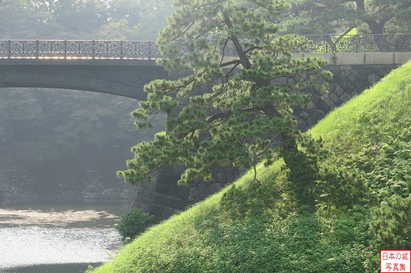 江戸城 二重橋 二重橋の右手で橋を支える石垣は、手前の木に遮られてよく見えない。江戸時代はこの橋は木橋で、橋の下に橋桁を支えるためのもう1つの橋が架かっていたことから、二重橋と呼ばれた。