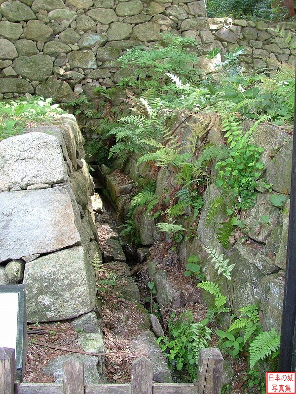木樋。両側を石垣に挟まれた狭い排水溝に木樋が設置されている。炊事場からの排水のための設備であったと思われる。