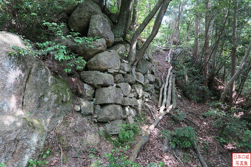 小堤城山城 堀切の北の曲輪 曲輪の北西角に石垣が残っている