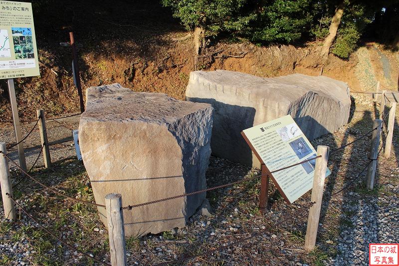 石垣山城 城の入口 石垣の展示。石垣山城の近隣に江戸城築城の際に石を切り出した石切場があり、そこで発見された石が展示されている。