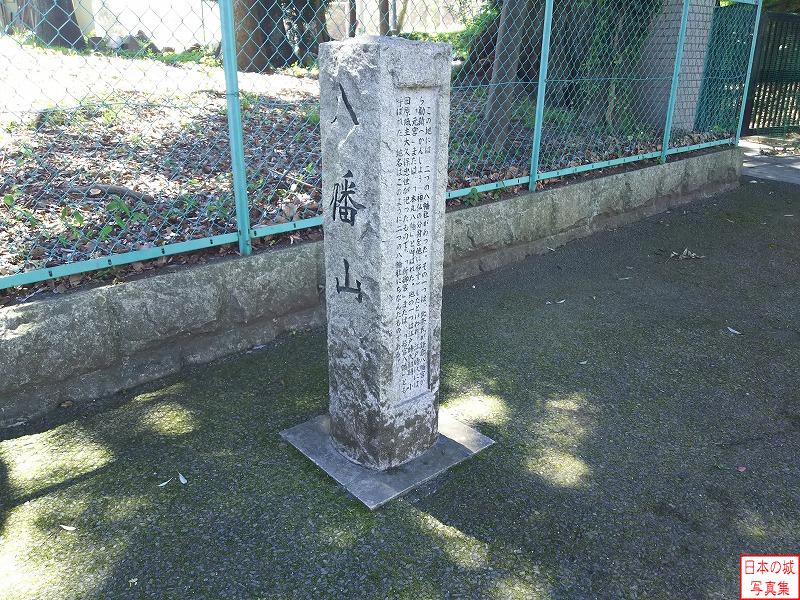 「八幡山」石碑。この地には2つの八幡社があった。一つは北条氏が鎌倉八幡宮から勧請したもの、もう一つは江戸時代の城主・大久保忠世が祀ったもの。