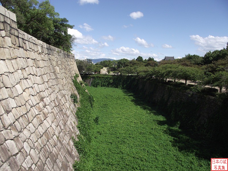 桜門東側の本丸石垣と内堀。空堀となっている。