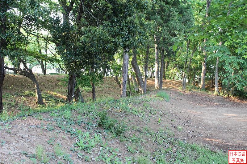 逆井城 比高二重土塁。内側の東二曲輪土塁（左）が外側の東三曲輪土塁（右）よりも高くなっており、城内からの攻撃が可能。