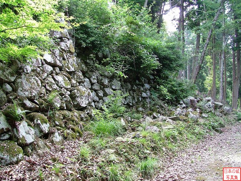 有子山城 有子山城 山上に残る石垣。天正八年以降に築かれた古い時代の石垣で、とても高い訳ではなく、鈍角の隅部を持つしのぎ積みであることが特徴。
